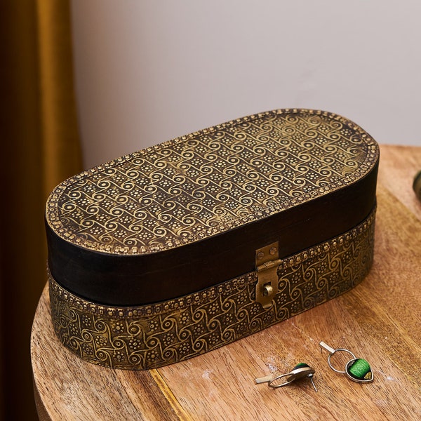 Brass Jewellery Box / Handmade With Embossed Brass / Indian Ornamental Dark Wood / Unique Jewellery Storage Box / Valentines Gift