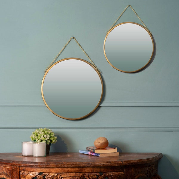 Hanging Mirror with Golden Finish and Chain / Round Vintage Look Wall Mirror with Metal Chain / Available in 2 Sizes or as a Set of 2