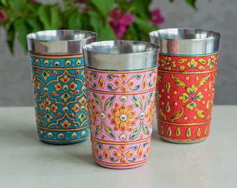 Stainless Steel Cups "Bhanga" / Enamel-Coated and Hand-Decorated Cups / Choose from Rose, Red or Blue / Diwali Gift