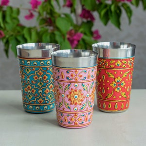 Stainless Steel Cups "Bhanga" / Enamel-Coated and Hand-Decorated Cups / Choose from Rose, Red or Blue / Diwali Gift
