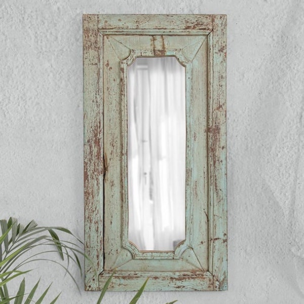 Miroir mural rectangulaire en bois de récupération de couleur vert menthe pâle / Miroir mural rustique finition vieillie / Décoration murale rustique