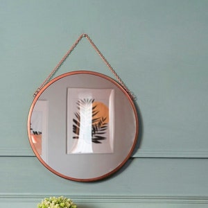 Hanging Mirror with Copper Finish and Chain / Round Vintage Look Wall Mirror with Metal Chain