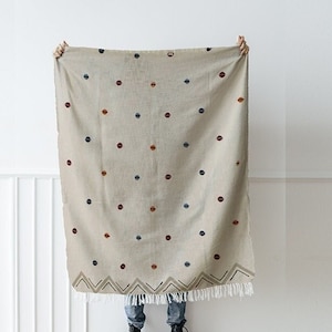 Throw blanket from cotton with polka dot embroidery 4x6ft / Handwoven cotton throw embroidered with colourful polka dots