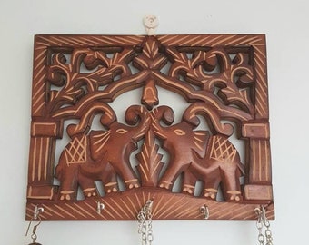 Wooden handcarved key rack / Jewellery organizer / Coat, bag or pet collar hooks / gift for elephant lovers / Gift for new home/ Diwali Gift