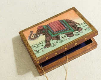 Wooden Jewellery Box / Wooden Box Handpainted With Embellished Elephant & Golden Decorations / Boho Gift Box / Diwali Gift