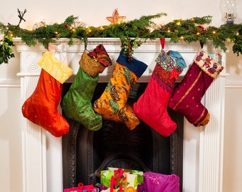 Christmas Stockings Handmade from Recycled Saree Fabric / Reusable Sari Xmas Stockings with Colourful Patterns Eco-Friendly Christmas Decor