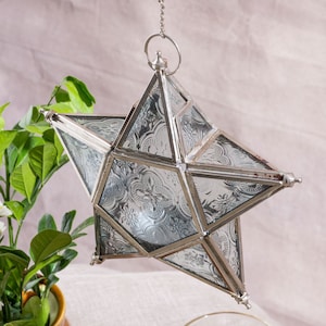Glass star lantern &#39;Tara&#39; / Tealight lantern with clear embossed glass or coloured glass panels / Hanging glass star for candles