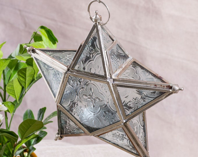 Glass star lantern 'Tara' / Tealight lantern with clear embossed glass or coloured glass panels / Hanging glass star for candles