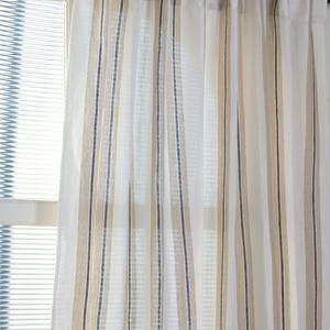 Rustic Linen Striped Curtains, Farmhouse Window Panels, Rod Pocket or Tab Top with Wooden Buttons, Neutral Tie Top Drapes