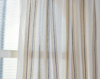 Rustic Linen Striped Curtains, Farmhouse Window Panels, Rod Pocket or Tab Top with Wooden Buttons, Neutral Tie Top Drapes