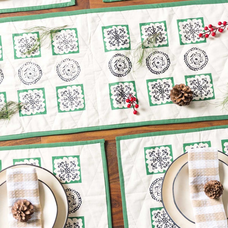 Green Edge Table Runner and Placemats Set / Reversible made with Recycled Sari Fabrics image 8