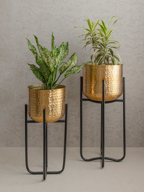 Set Di 2 Fioriere In Ottone Dorato Con Supporto In Metallo Nero - Vasi Per Piante 18-24 Pollici - Decorazione Moderna Per Casa - 3