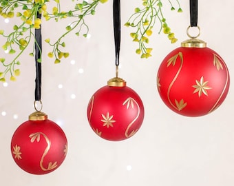 Dhruv Glass Christmas Bauble I Glass Christmas Baubles I Red Velvet Christmas Ornaments I Velvet Baubles with Gold Accents