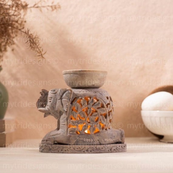 NEW Hand Carved Soap Stone Elephant Oil Burner Tea Light Candle Holder Trunk Up 