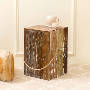 Rustic Wooden Side Table &#39;Medha&#39; / Upcycled Teak Stool or Lamp Table with Rustic Finish / Block-Shaped Wooden Corner Table Reclaimed Wood