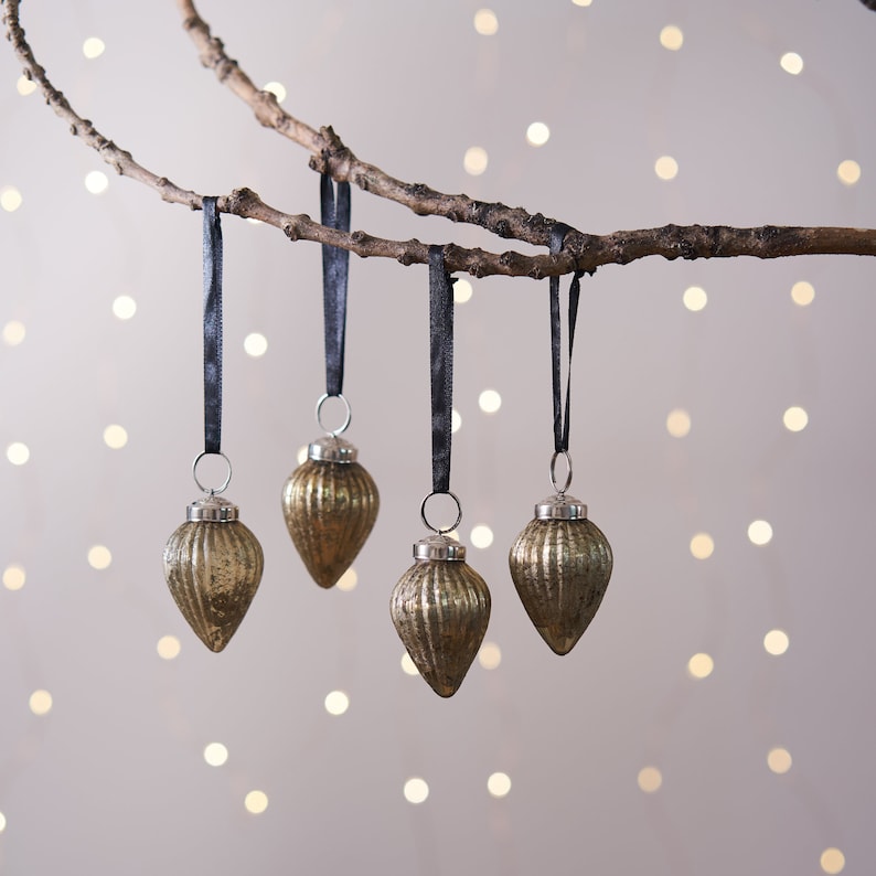 Rustic Aged Baubles / Set of 4 Golden Rustic Christmas Baubles / Xmas Tree Glass Ornaments image 1