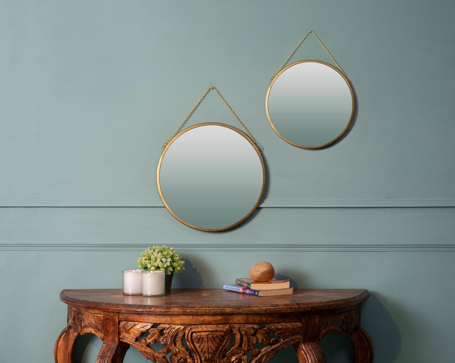 Hanging Round Circle Mirror with Golden Finish and Chain
