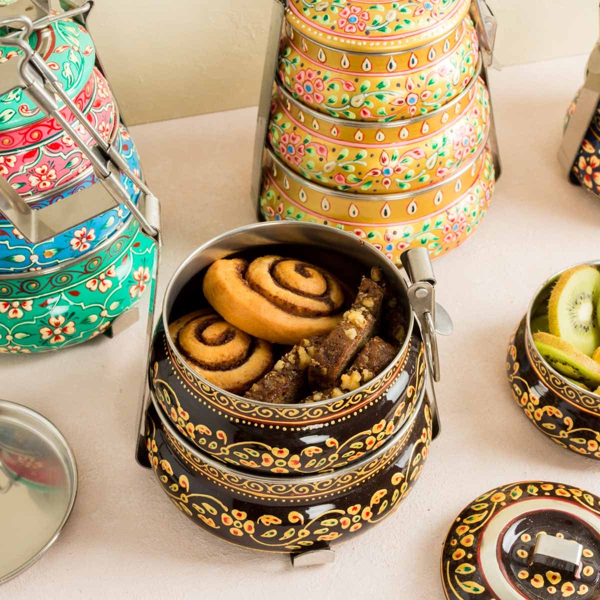 Tiffin Box With Three Tiers / Steel and Enamel Food Container
