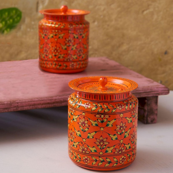 Enamel coated steel kitchen containers orange with flower pattern / Indian art handmade tins food and non-food