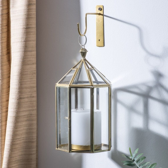 House-shape Glass Lantern With Metal Frame Antique Gold or Silver 'chhat' /  Indoor Vintage Style Lantern for Wall or Table With Hook 