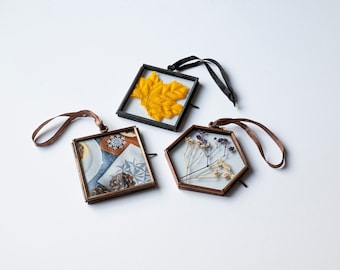 Wall Hanging Frame / mini picture frame ornaments / small hanging glass & metal picture frame / square and hexagon