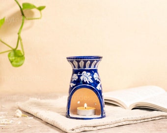 Handcrafted Oil Warmer / Made with Blue Pottery / Floral design pattern / Diffuser for Aromatherapy / Oil Burner for Tealight/ Diwali Gift