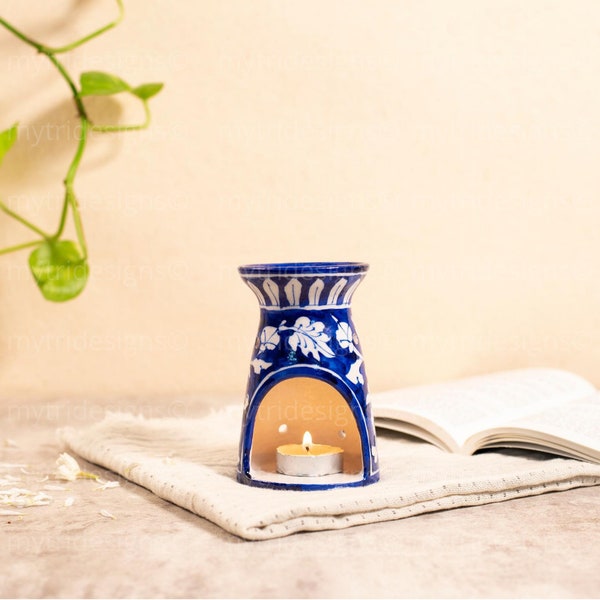 Handcrafted Oil Warmer / Made with Blue Pottery / Floral design pattern / Diffuser for Aromatherapy / Oil Burner for Tealight/ Diwali Gift