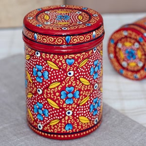 Steel Tins Enamel-Coated Hand-painted Red, Green or Blue / Handmade decorative storage tins multi-coloured / Housewarming Gift/ Diwali Gift image 3