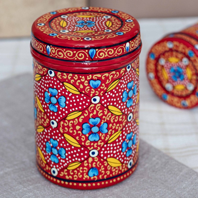 Steel Tins Enamel-Coated Hand-painted Red, Green or Blue / Handmade decorative storage tins multi-coloured / Housewarming Gift/ Diwali Gift image 3