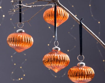 Elegant Orange-Copper Glass Christmas Baubles Set of 4 with Ribbon Hanger / Hanging Xmas Tree Burnt Amber Baubles