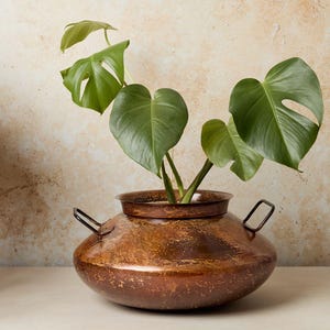 Rustic Metal Planter Flat Belly Shape with Handles 'Kalam' / Made from Reclaimed Metal Industrial Look Decorative Planter Statement decor