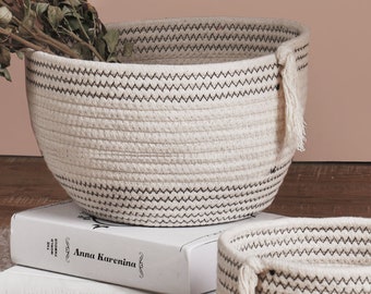 Soft Natural White and Grey Cotton Rope Basket / Small, Medium, Large / Multipurpose Cotton Baskets for Plants, Laundry, Storage, Cosmetics