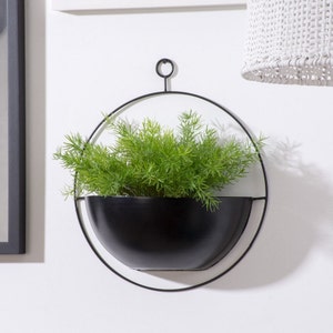 Puede incluir: Un macetero de pared de metal negro con un diseño circular, que contiene una planta verde vibrante. El macetero tiene forma de cuenco redondeado y un lazo para colgar. El diseño es moderno y minimalista, para uso interior o exterior.
