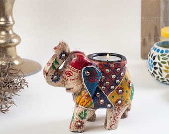 Elephant Tealight Candle Holder / Decorative Elephant Figurine  / Colourful Wooden Boho Hand-painted Elephant / Gift for Elephant Lovers