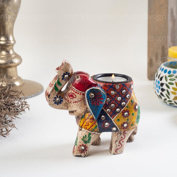 Elephant Tealight Candle Holder / Decorative Elephant Figurine  / Colourful Wooden Boho Hand-painted Elephant / Gift for Elephant Lovers