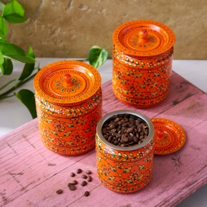 Enamel coated steel kitchen containers orange with flower pattern / Indian art handmade tins food and non-food / Nesting boxes