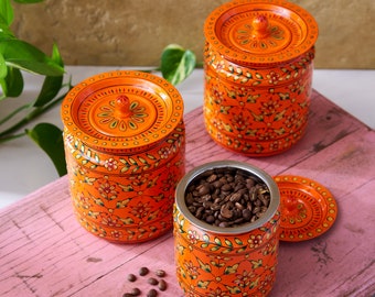 Enamel coated steel kitchen containers orange with flower pattern / Indian art handmade tins food and non-food / Nesting boxes