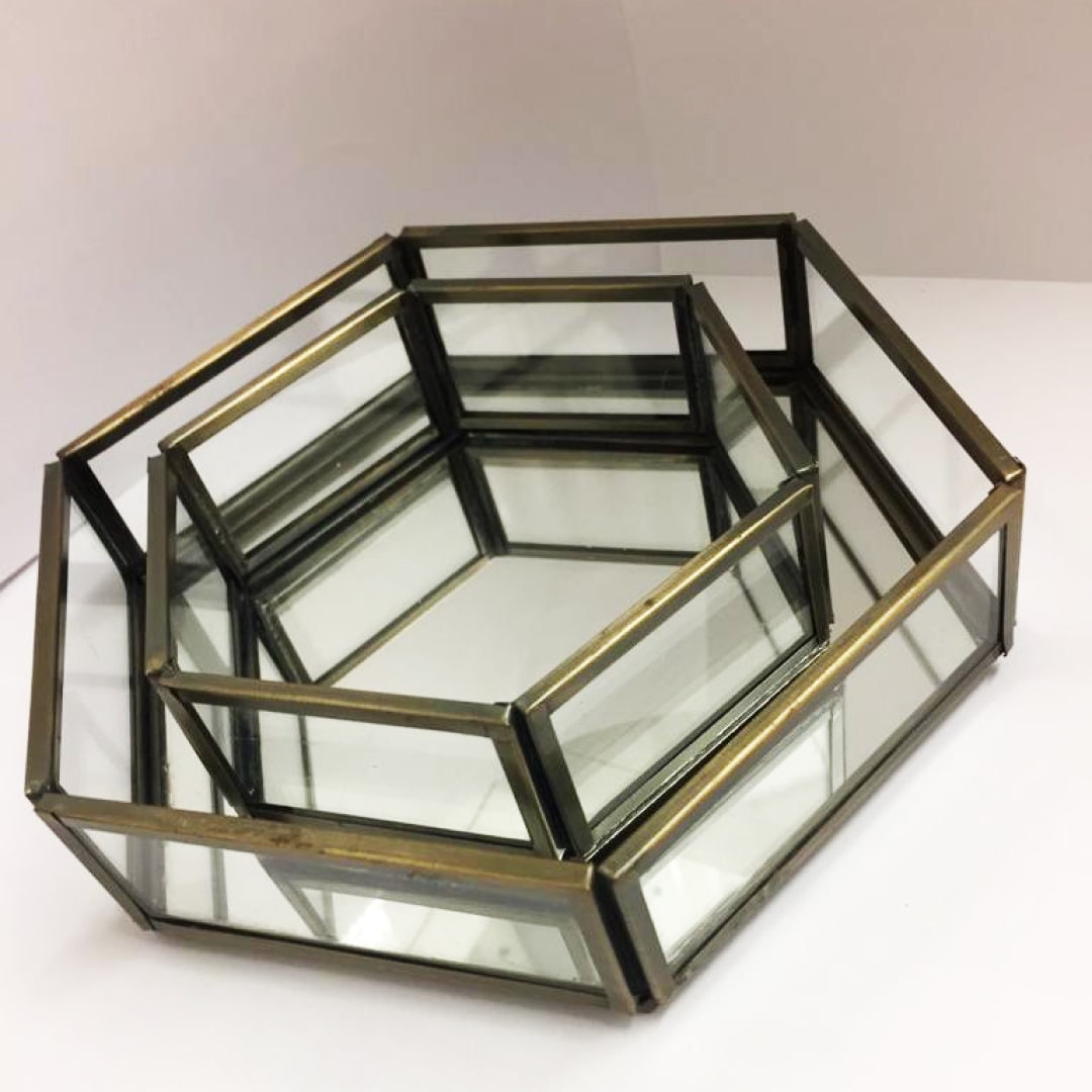 Plateau décoratif hexagonal en verre doré VATAN 