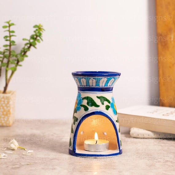 Portacandele in ceramica con motivo floreale / Diffusore di aromaterapia /  Bruciatore di oli essenziali in ceramica / Scaldaolio con motivo floreale /  Regalo Diwali -  Italia