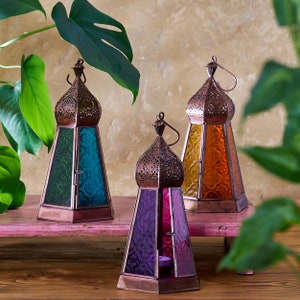 Glass lantern Moroccan style / Handmade glass candle holder / Indian glass lantern with copper finish and embossed coloured glass