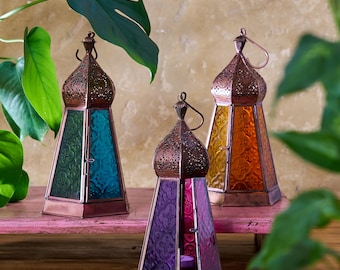 Glass lantern Moroccan style / Handmade glass candle holder / Indian glass lantern with copper finish and embossed coloured glass