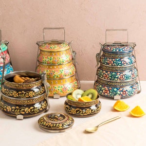 Tiffin Box with Three Tiers / Steel and Enamel Food Container Stackable Portable / Decorative Handmade Box for Food Storage/ Diwali Gift