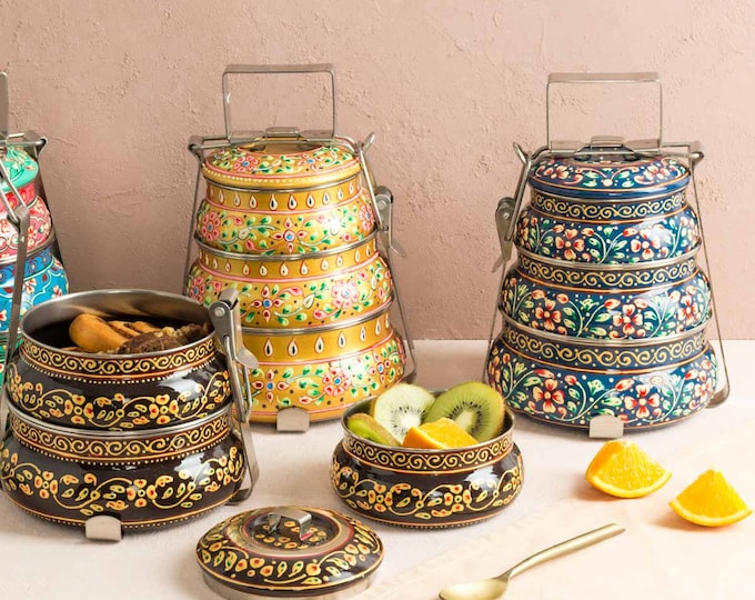 Tiffin Box with Three Tiers / Steel and Enamel Food Container Stackable Portable / Decorative Handmade Box for Food Storage/ Diwali Gift