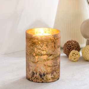 Cylindrical Golden Glow Candle Holder Intricately Designed and Handmade &quot;Kashi&quot; / Glass Candle Jar with Marble Effect Finish/ Diwali Gift