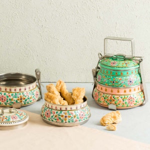 Two Tier Tiffin Box / Hand Painted Indian Style Tiffins / Decorative Portable Steel and Enamel Food Containers image 4