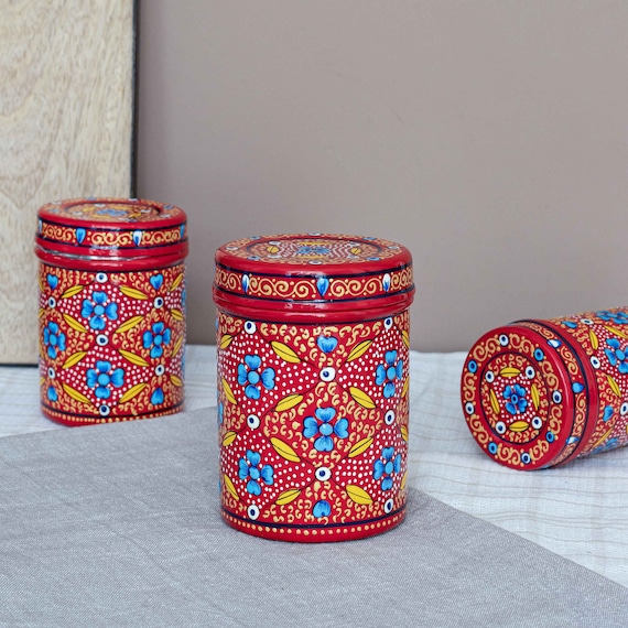 Tiffin Box With Three Tiers / Steel and Enamel Food Container Stackable  Portable / Decorative Handmade Box for Food Storage/ Diwali Gift 