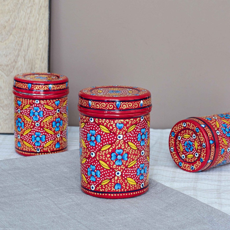 Steel Tins Enamel-Coated Hand-painted Red, Green or Blue / Handmade decorative storage tins multi-coloured / Housewarming Gift/ Diwali Gift image 8