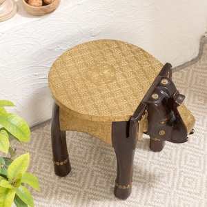 Elephant design Brass Mango Wood Side table &#39;Gajraaj&#39; Stool / Stand for Plants, Lights, Decor Handmade Embossed with Patterned Brass Sheet