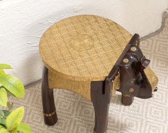 Elephant design Brass Mango Wood Side table 'Gajraaj' Stool / Stand for Plants, Lights, Decor Handmade Embossed with Patterned Brass Sheet