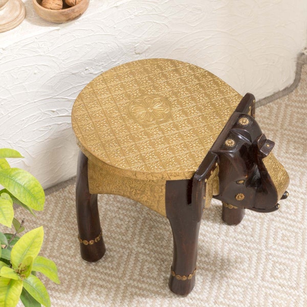 Elephant design Brass Mango Wood Side table 'Gajraaj' Stool / Stand for Plants, Lights, Decor Handmade Embossed with Patterned Brass Sheet